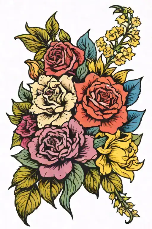 bouquet larkspur rose carnation and daffodil tattoo design idea