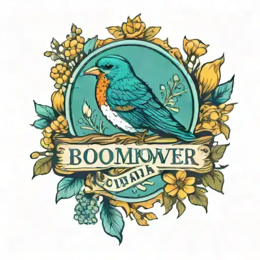 Teal coloured bird sitting on a banner that says "Boomhower" surrounded by flowers tattoo design idea