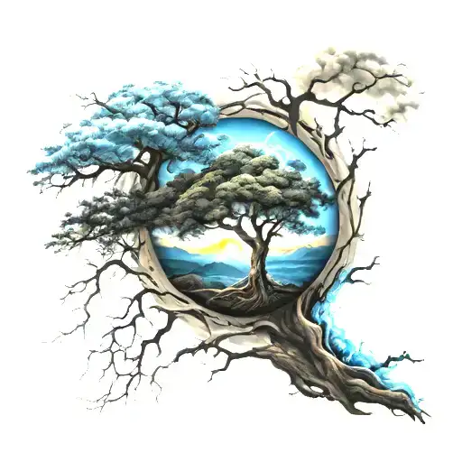 tree life and lighting storm colour light blue, white and black tattoo design idea