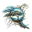 tree life and lighting storm colour light blue, white and black tattoo design idea