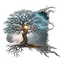 tree life and lighting storm colour light blue, white and black tattoo design idea