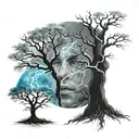 tree life and lighting storm colour light blue, white and black tattoo design idea