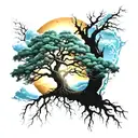 tree life and lighting storm colour light blue, white and black tattoo design idea
