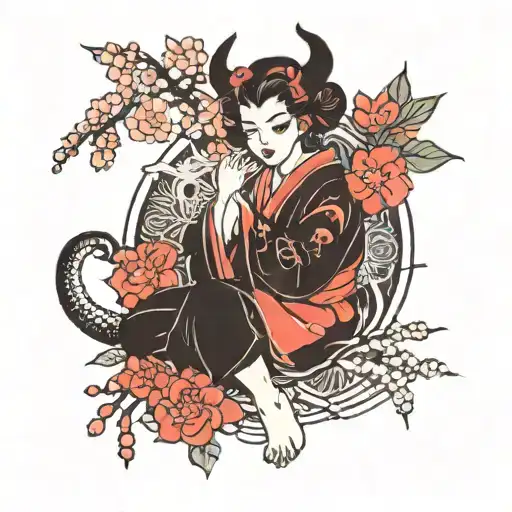 devil japan girl with sakura tattoo design idea