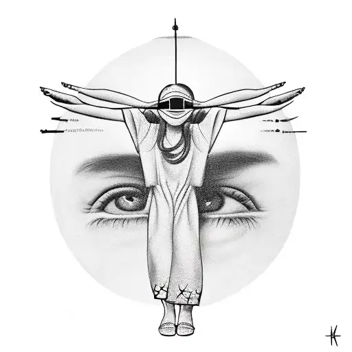 A blindfolded girl holds a scale in her hands, while she is pierced by an eight-pointed star. tattoo design idea