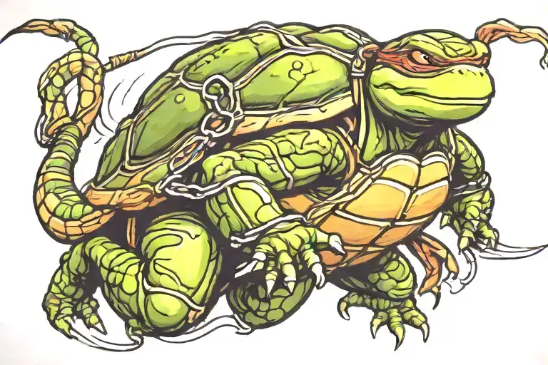 A stylized blackwork tattoo of a Teenage Mutant Ninja Turtle in a dynamic action pose tattoo design idea