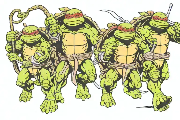 A stylized blackwork tattoo of all four Teenage Mutant Ninja Turtles  in a dynamic action pose tattoo design idea