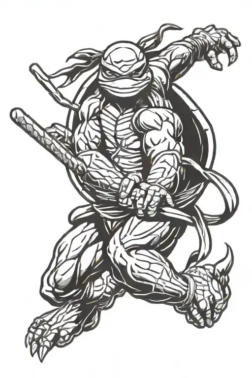 A stylized blackwork tattoo of a Teenage Mutant Ninja Turtle in a dynamic action pose tattoo design idea