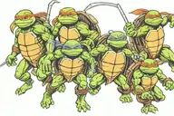 A stylized blackwork tattoo of all four Teenage Mutant Ninja Turtles  in a dynamic action pose tattoo design idea