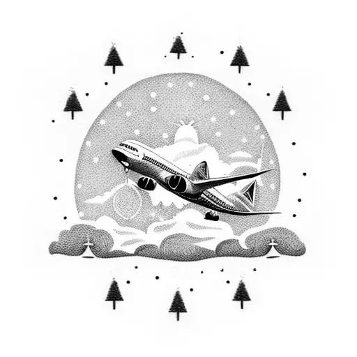 A dotwork tattoo featuring a Christmas scene in Madeira, with colorful lights adorning the palm trees and a plane flying across the sky, symbolizing the joy of travel during the holiday season tattoo design idea