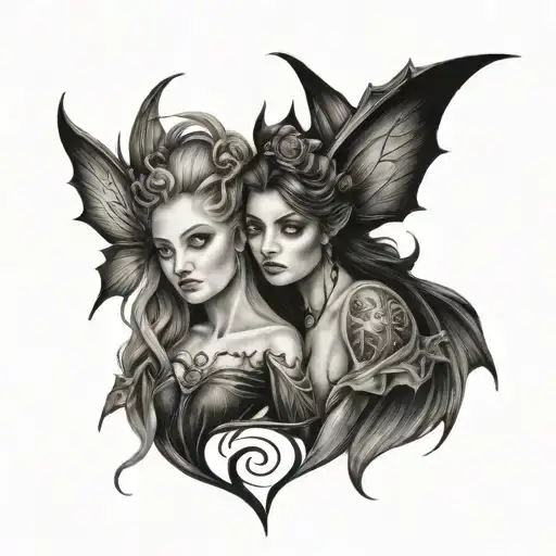 mother and daughter gothic fairy tattoo design idea