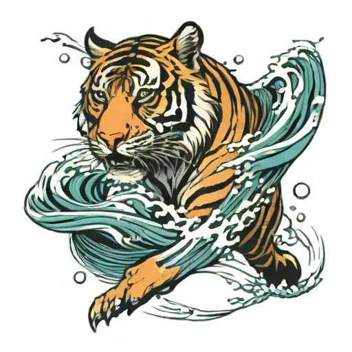 tiger and water waves tattoo design idea
