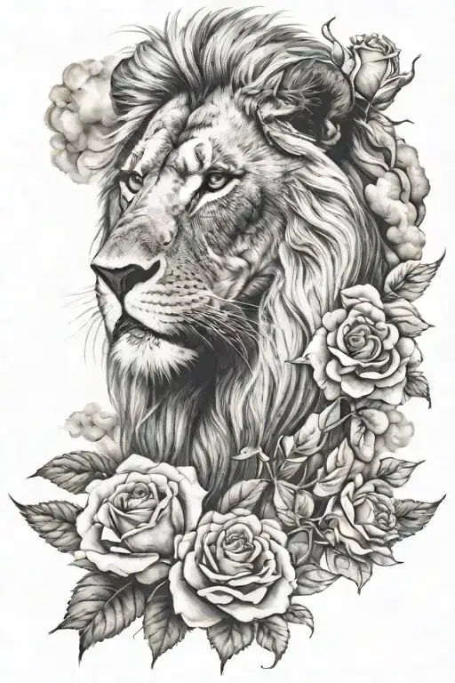 Lion with blue eyes, clouds fade, rose on top tattoo design idea