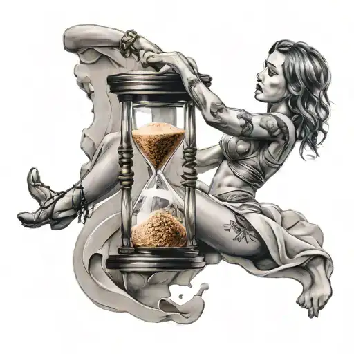Hour glass with women nails throwing sand clock inner biceps tattoo design idea