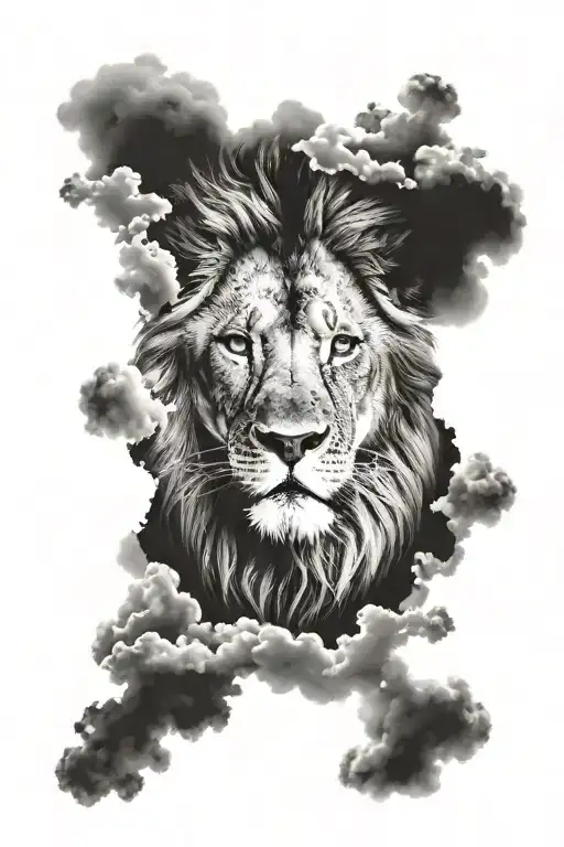 Lion with blue eyes and clouds fade tattoo design idea