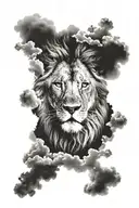 Lion with blue eyes and clouds fade tattoo design idea