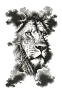 Lion with blue eyes and clouds fade tattoo design idea