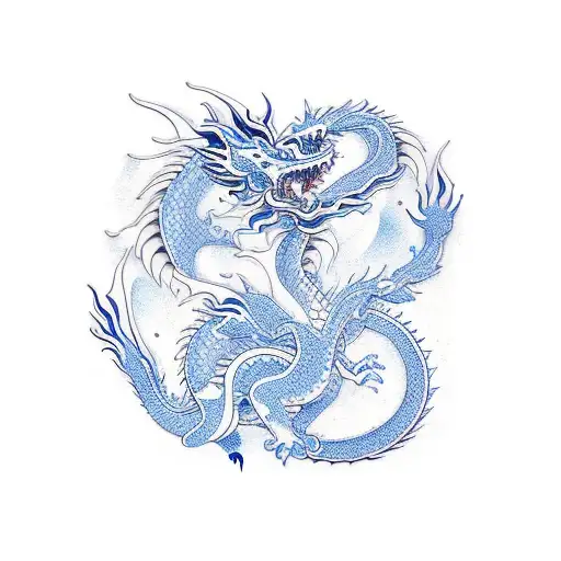Long, Thin, Dragon, Blue, Lines, Minimal, Dragon, Porcelain, Intricate, Majestic, Scale, Elegant, Subtle. tattoo design idea