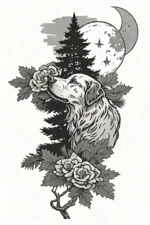 An evergreen tree with dog sleeping moon surrounded tattoo design idea