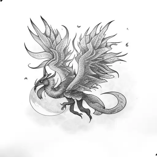 moon with pheonix with preying mantis  tattoo design idea