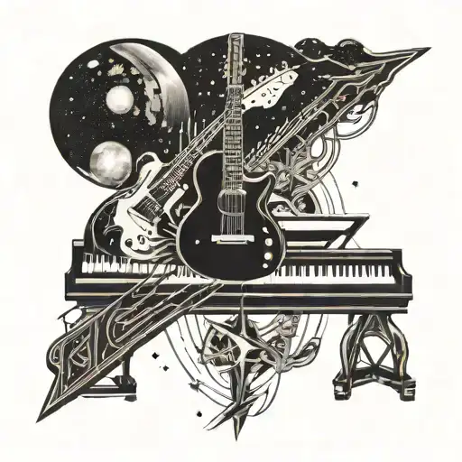 A guitar and piano merging into a cosmic space scene with lightning bolts intertwined, symbolizing your love for music and space exploration tattoo design idea