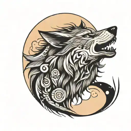 Tribal wolf howling at the moon tattoo design idea