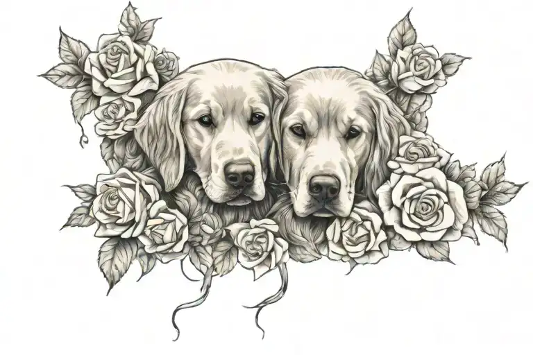 persia and golden retriever and roses intertwined tattoo design idea