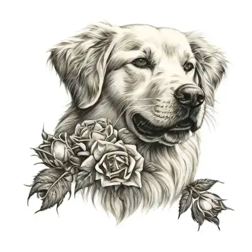 persia golden retriever and roses tattoo design idea