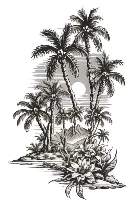 Half sleeve tattoo, including Joshua tree, palm tree, orchid, and sunflower tattoo design idea