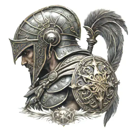 full Etruscan warrior with helmet, sword and shield Bernini 4k high detail tattoo design idea