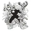 A dynamic and action-packed comic book panel featuring all of your favorite Marvel super heroes in a battle scene tattoo design idea