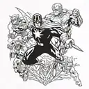 A dynamic and action-packed comic book panel featuring all of your favorite Marvel super heroes in a battle scene tattoo design idea