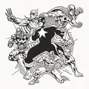 A dynamic and action-packed comic book panel featuring all of your favorite Marvel super heroes in a battle scene tattoo design idea