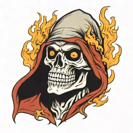flaming zombie skull with hood tattoo design idea