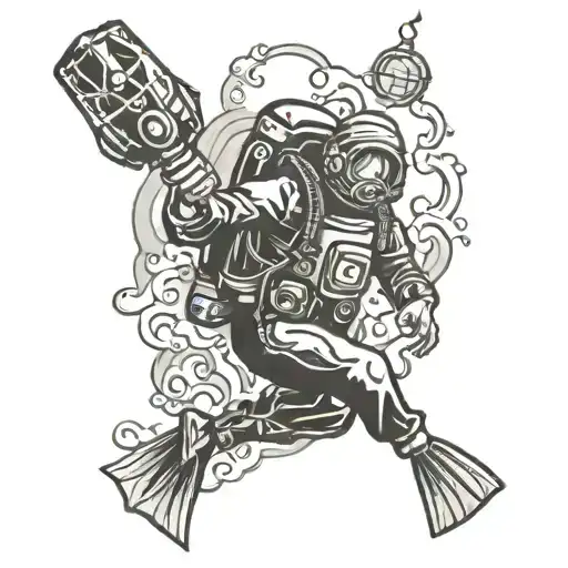 scuba diver in American traditional tattoo-style flash art tattoo design idea
