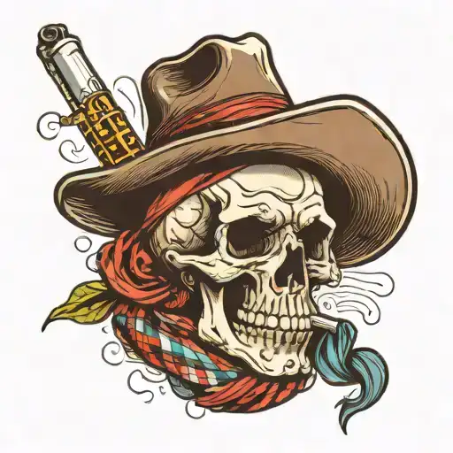 cowboy skull with scarf smoking a cigarette tattoo design idea