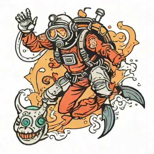 scuba diver in American traditional tattoo style flash art tattoo design idea