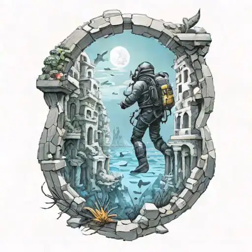 A realistic depiction of a scuba diver exploring a sunken city with ancient ruins and mysterious sea creatures tattoo design idea