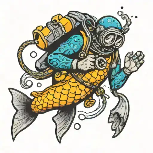 scuba diver in American traditional tattoo style flash art tattoo design idea