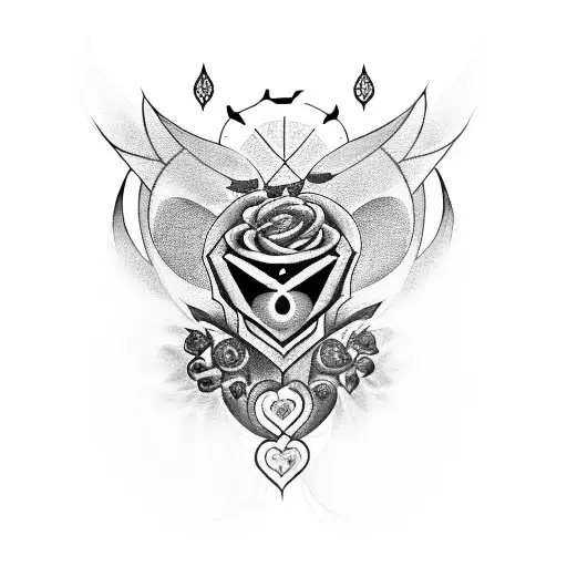 A tattoo design featurthe Gemini intertwined with symbols of love and light & dark, symbolizing the duality of the soul tattoo design idea