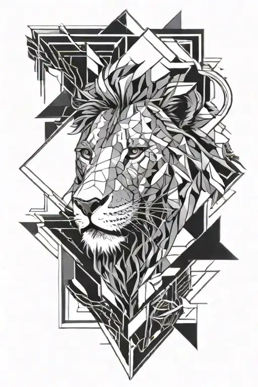 lions head inside a lightning bolt, in black , geometrical tattoo design idea