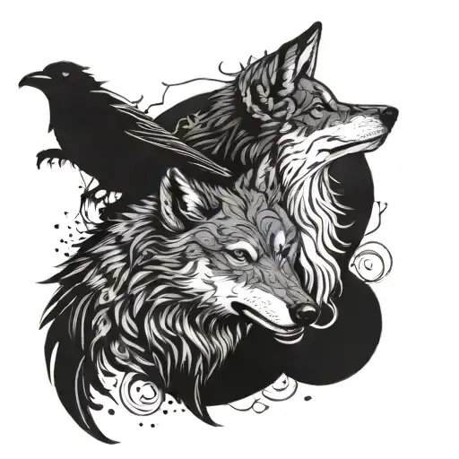 A wolf and raven intertwined in a yin-yang symbol, representing the balance of nature and survival tattoo design idea