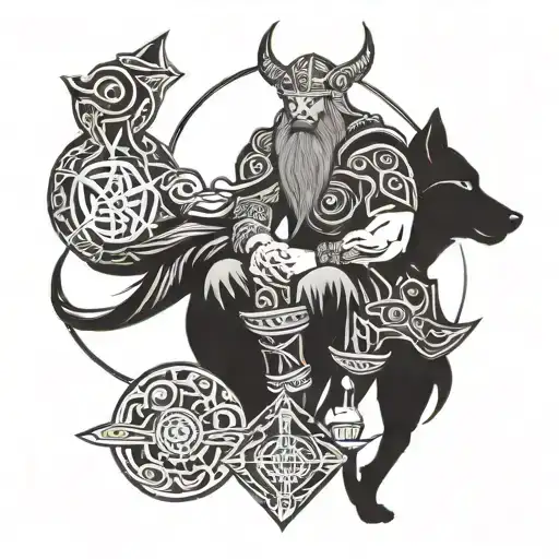 A tribal viking surrounded by mystical symbols and wolves in a blackwork style tattoo design idea