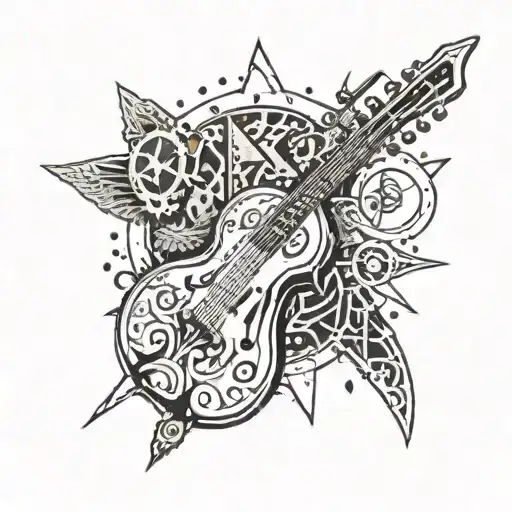 A music-themed tattoo incorporating symbols from Skyrim and Fallout tattoo design idea