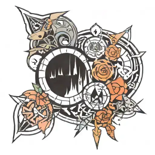 A cartoon and geometric tattoo incorporating designs from Skyrim, Fallout, lord of the rings and mistborn tattoo design idea