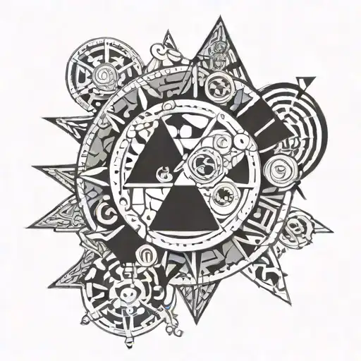 A cartoon an geometric tattoo incorporating symbols from Skyrim and Fallout, lord of the rings and mistborn tattoo design idea
