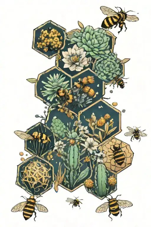 4 hexagonal honeycomb cells with biomes on the inside (cactus, mountains, wave, forest) with bees flying around the cell tattoo design idea