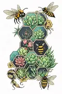 4 hexagonal honeycomb cells with biomes on the inside (cactus, mountains, wave, forest) with bees flying around the cell tattoo design idea