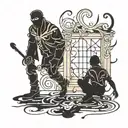 silhouette of a man walking away from a mask on the floor tattoo design idea