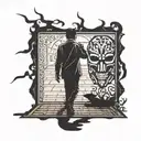 silhouette of a man walking away from a mask on the floor tattoo design idea